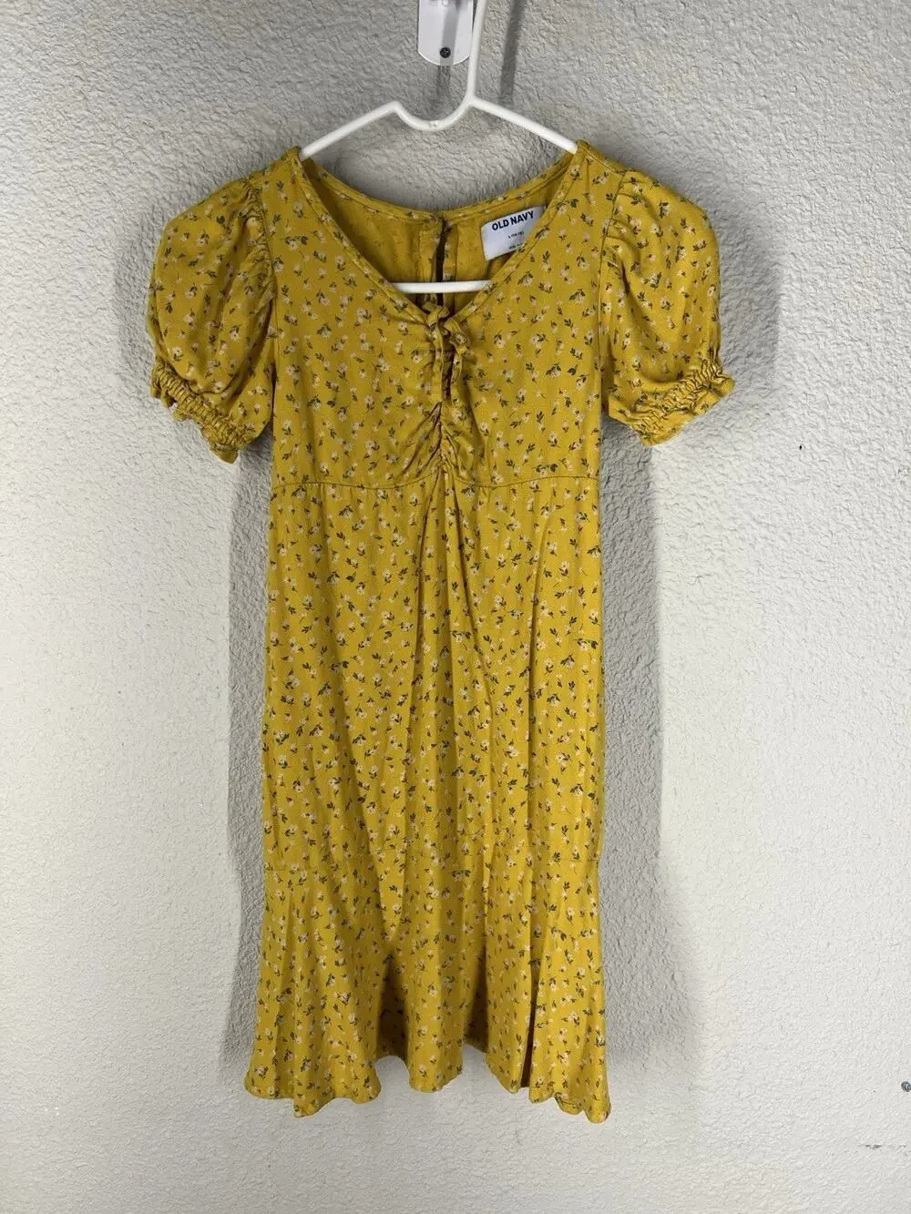 Old Navy Girl's Yellow Floral Fit & Flare Crepe Dress Short Sleeve Sz 10/12 Boho